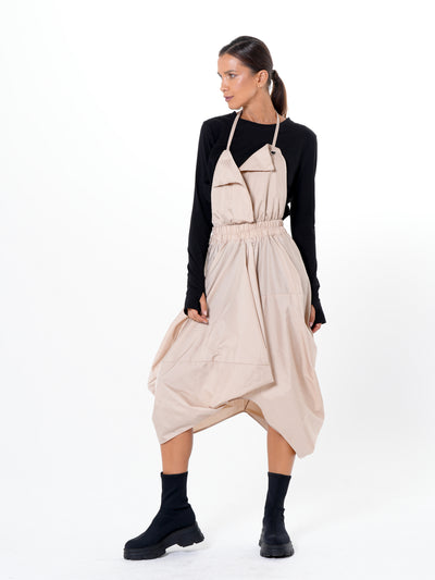 Draped Balloon Pinafore Dress In Beige