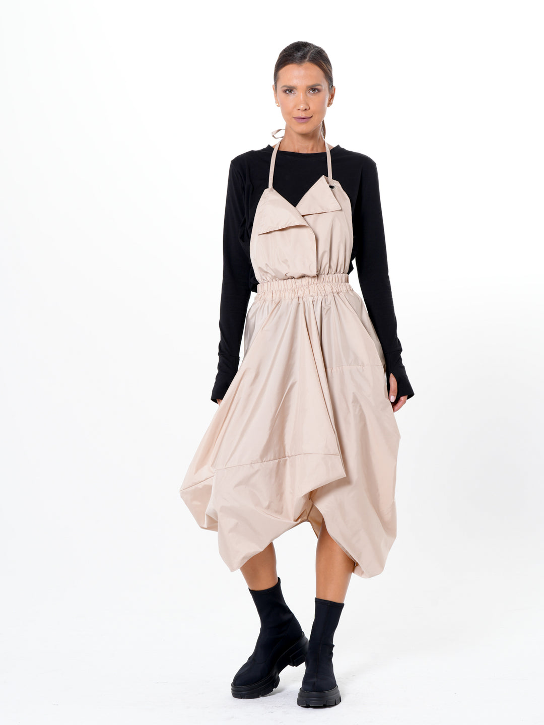 Draped Balloon Pinafore Dress In Beige – Metamorphoza