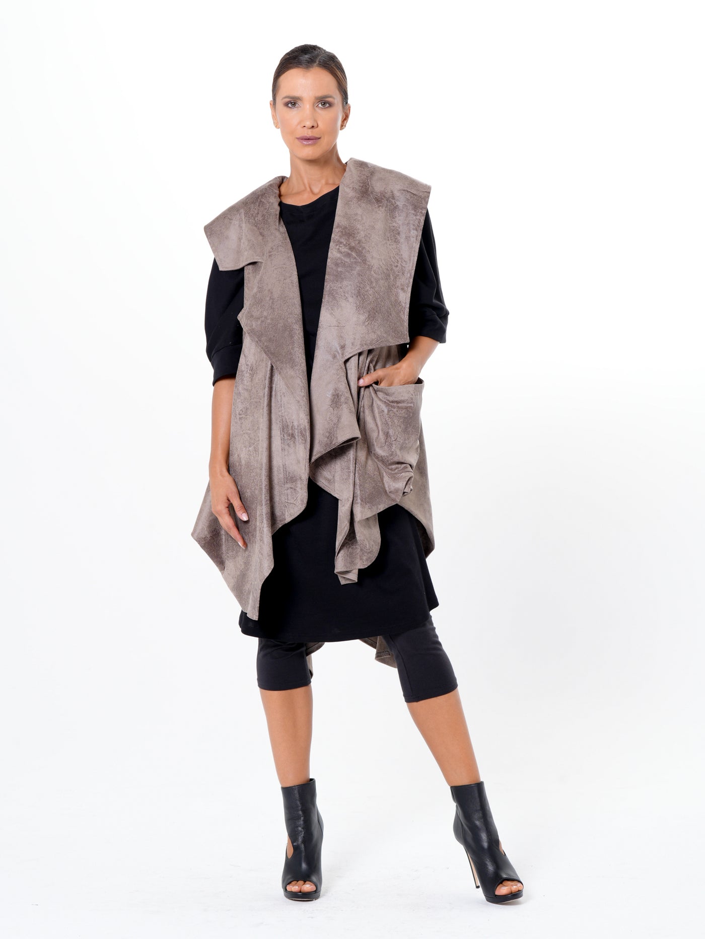 Asymmetric Faux Suede Vest In Taupe