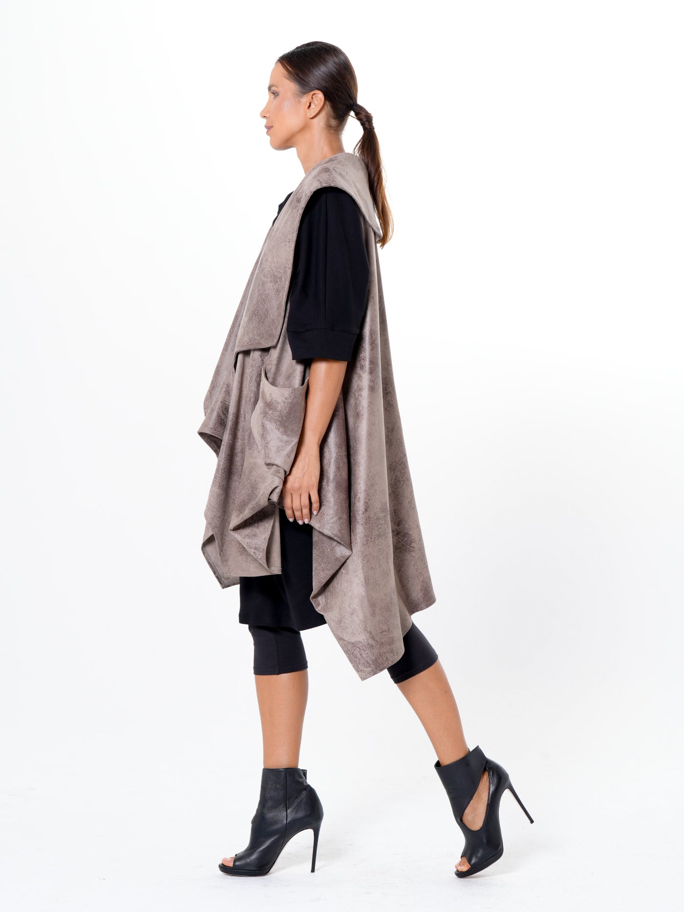 Asymmetric Faux Suede Vest In Taupe