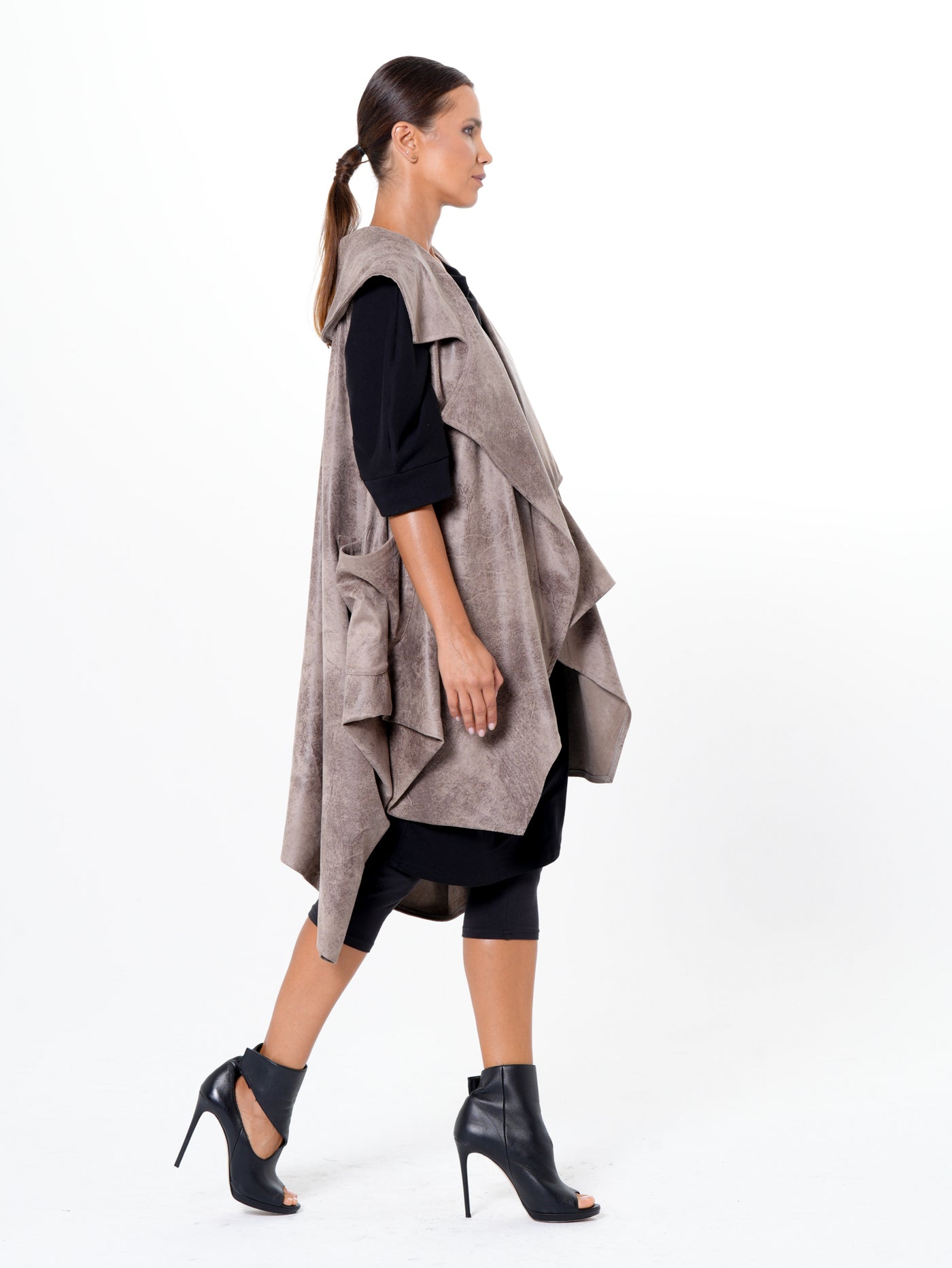 Asymmetric Faux Suede Vest In Taupe
