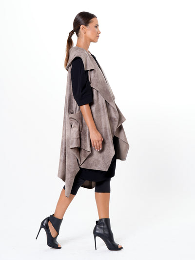 Asymmetric Faux Suede Vest In Taupe