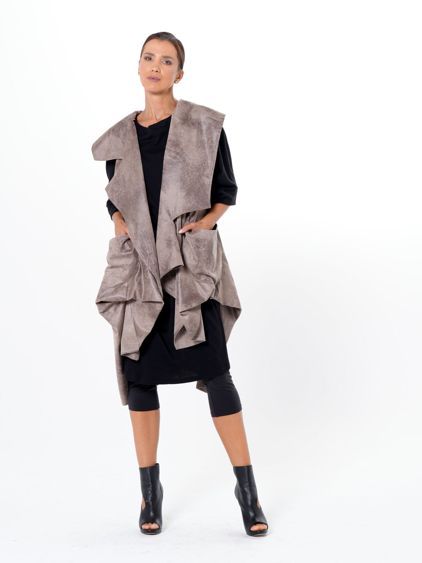 Asymmetric Faux Suede Vest In Taupe