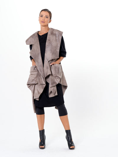 Asymmetric Faux Suede Vest In Taupe