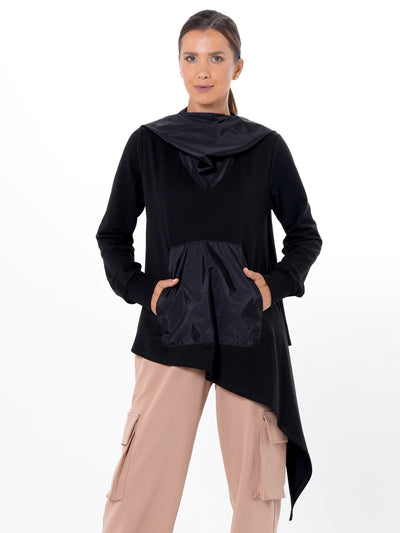 Asymmetric Black Hoodie With Slick Details