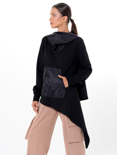 Asymmetric Black Hoodie With Slick Details