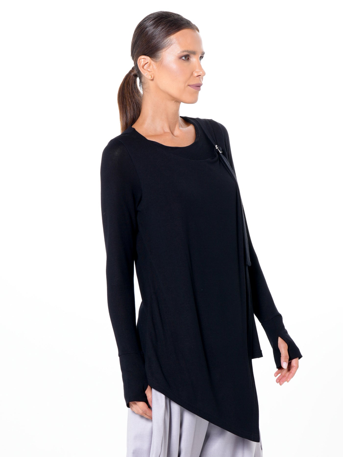 Asymmetric Long Sleeve Top In Black