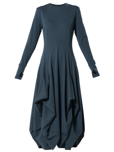 Maxi Draped Dress With Thumbhole Sleeves In Petrol