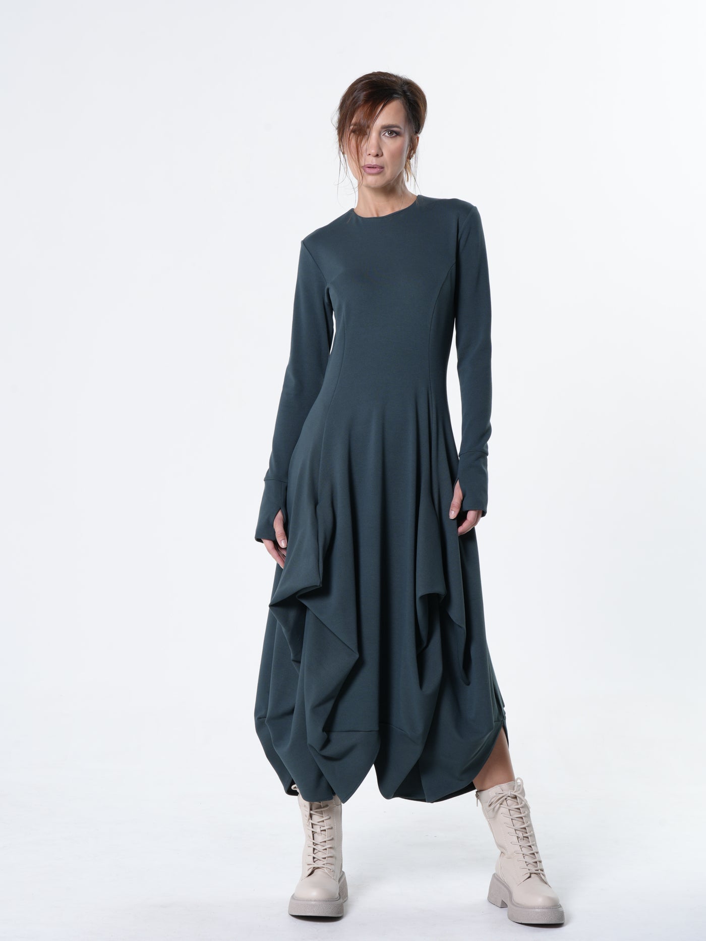 Maxi Draped Dress With Thumbhole Sleeves In Black