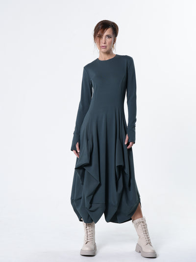Maxi Draped Dress With Thumbhole Sleeves In Petrol