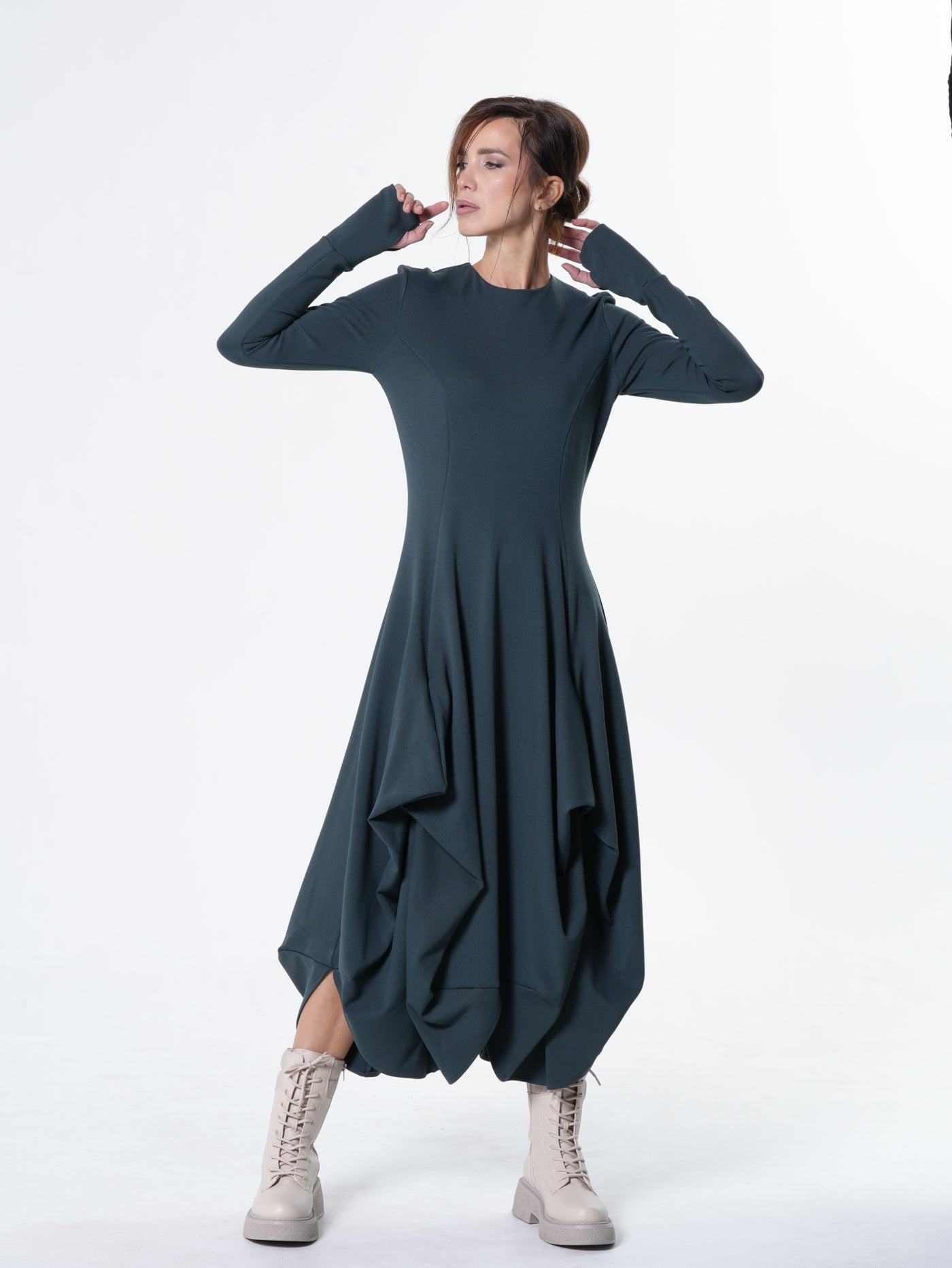 Maxi Draped Dress With Thumbhole Sleeves In Petrol