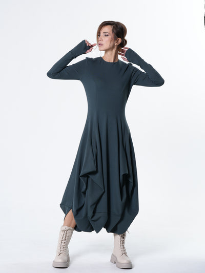 Maxi Draped Dress With Thumbhole Sleeves In Petrol