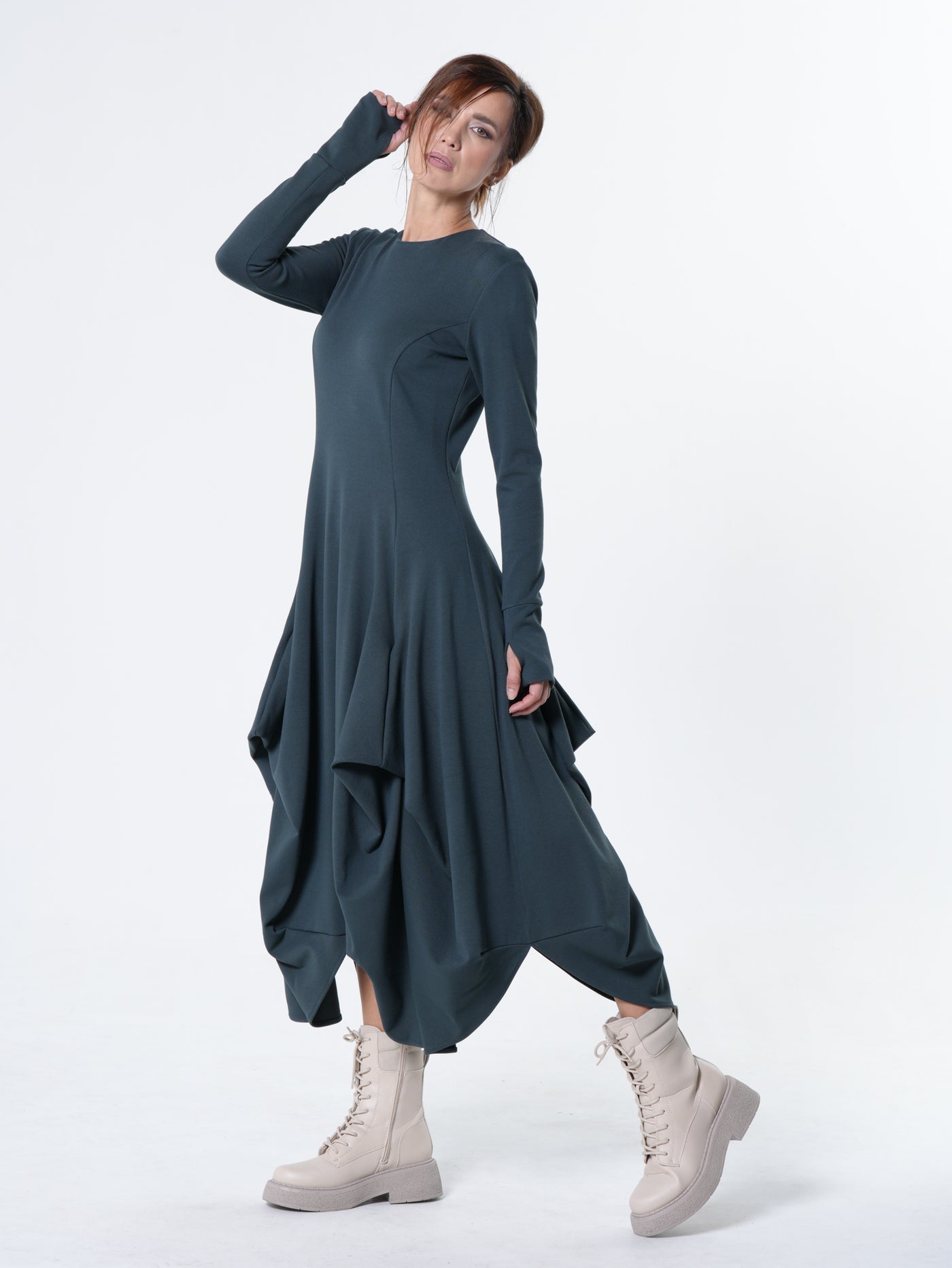 Maxi Draped Dress With Thumbhole Sleeves In Petrol
