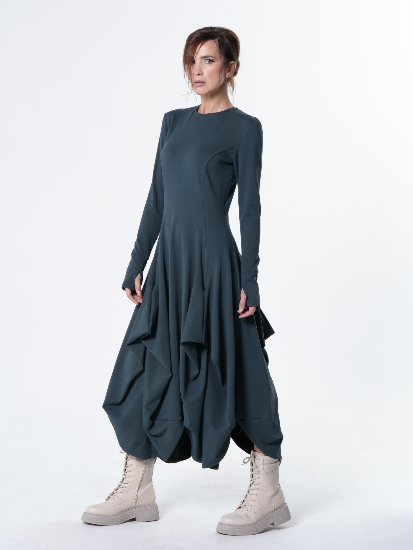 Maxi Draped Dress With Thumbhole Sleeves In Petrol