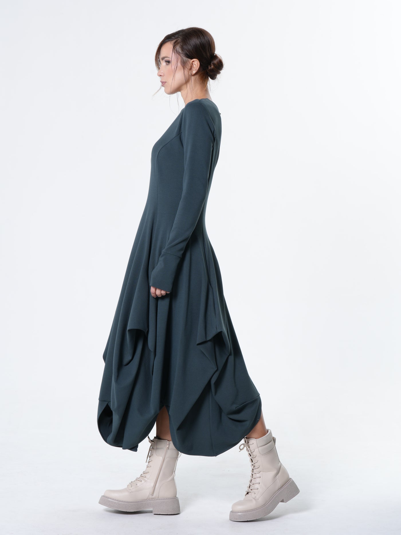 Maxi Draped Dress With Thumbhole Sleeves In Petrol