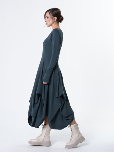 Maxi Draped Dress With Thumbhole Sleeves In Petrol