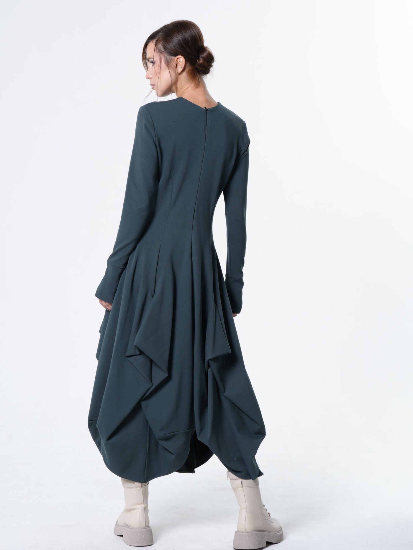 Maxi Draped Dress With Thumbhole Sleeves In Petrol