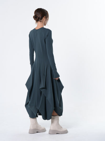 Maxi Draped Dress With Thumbhole Sleeves In Petrol