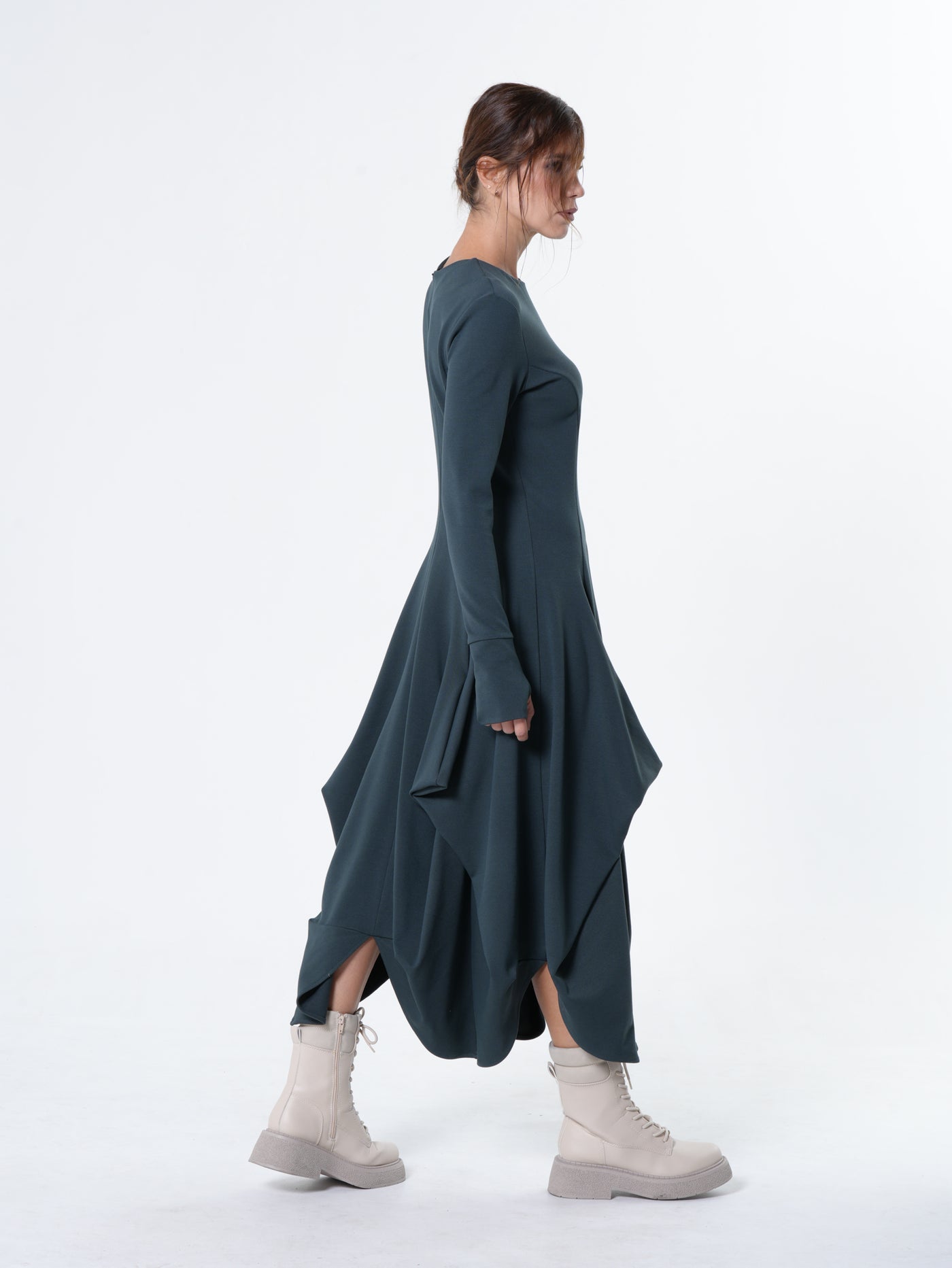 Maxi Draped Dress With Thumbhole Sleeves In Petrol