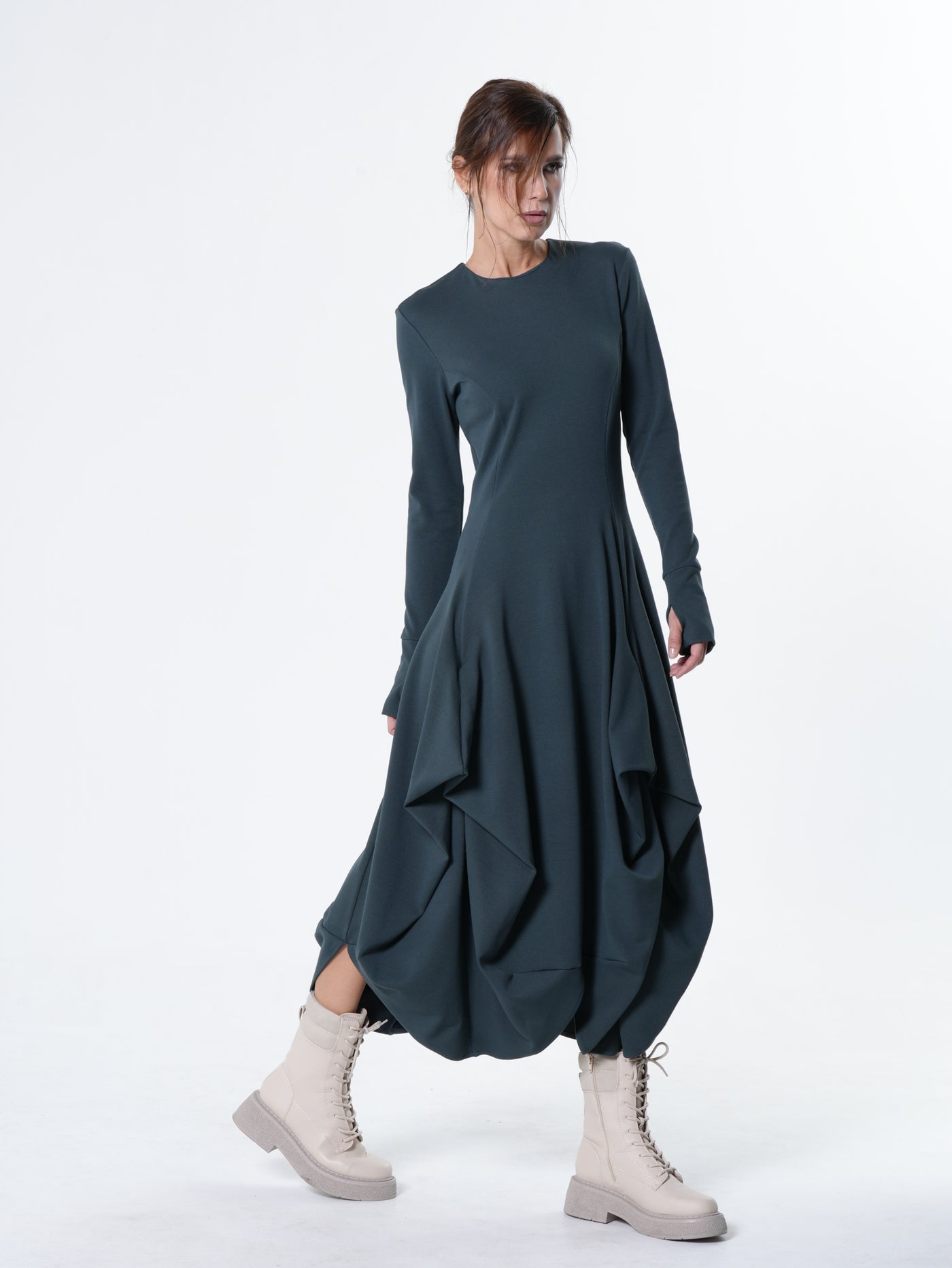 Maxi Draped Dress With Thumbhole Sleeves In Petrol