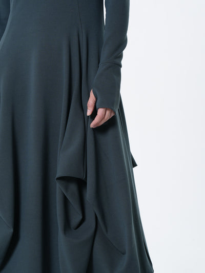 Maxi Draped Dress With Thumbhole Sleeves In Petrol