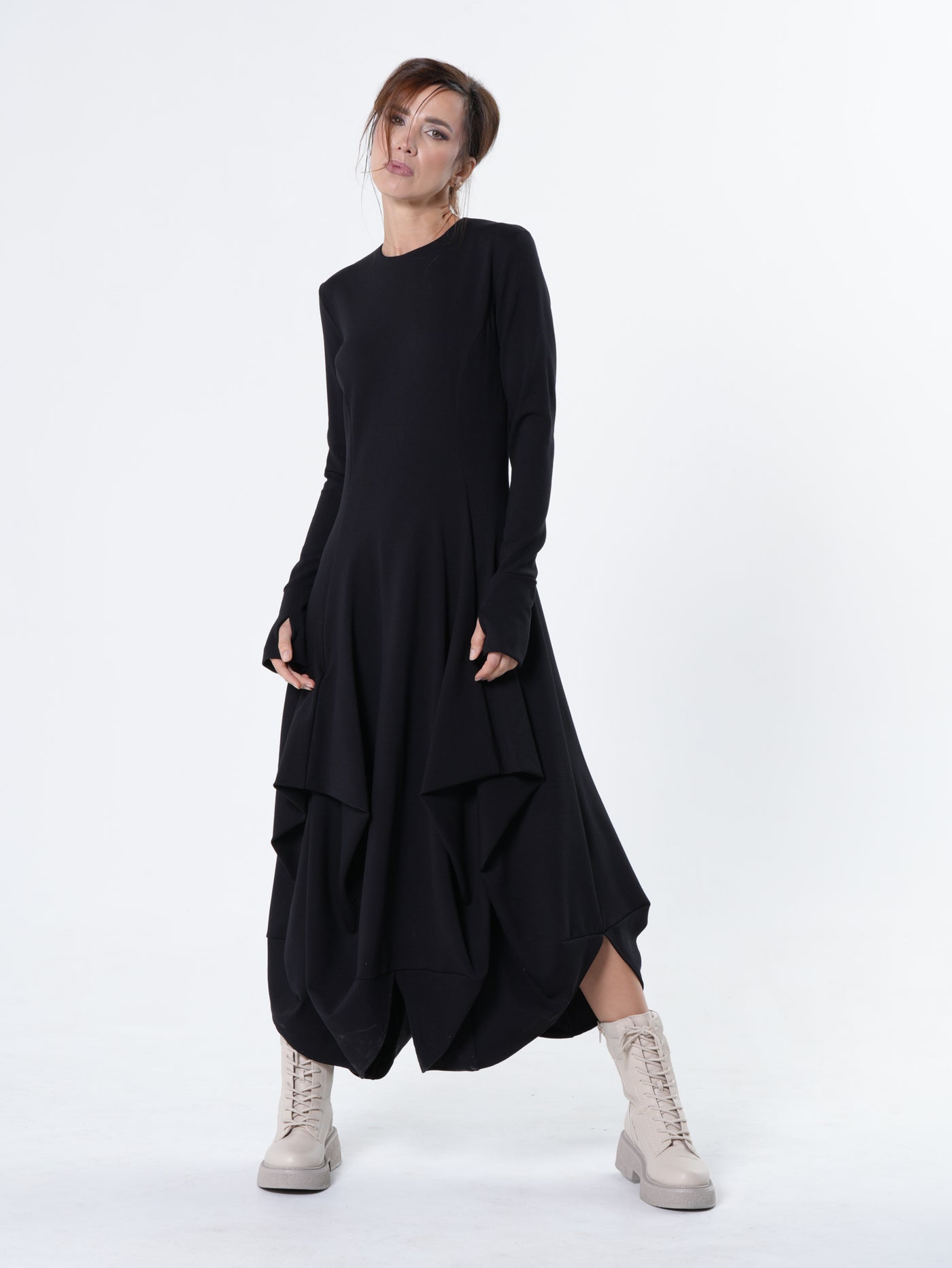 Maxi Draped Dress With Thumbhole Sleeves In Black