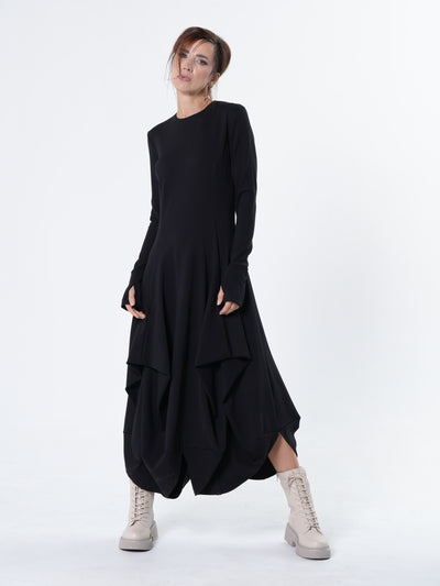 Maxi Draped Dress With Thumbhole Sleeves In Black