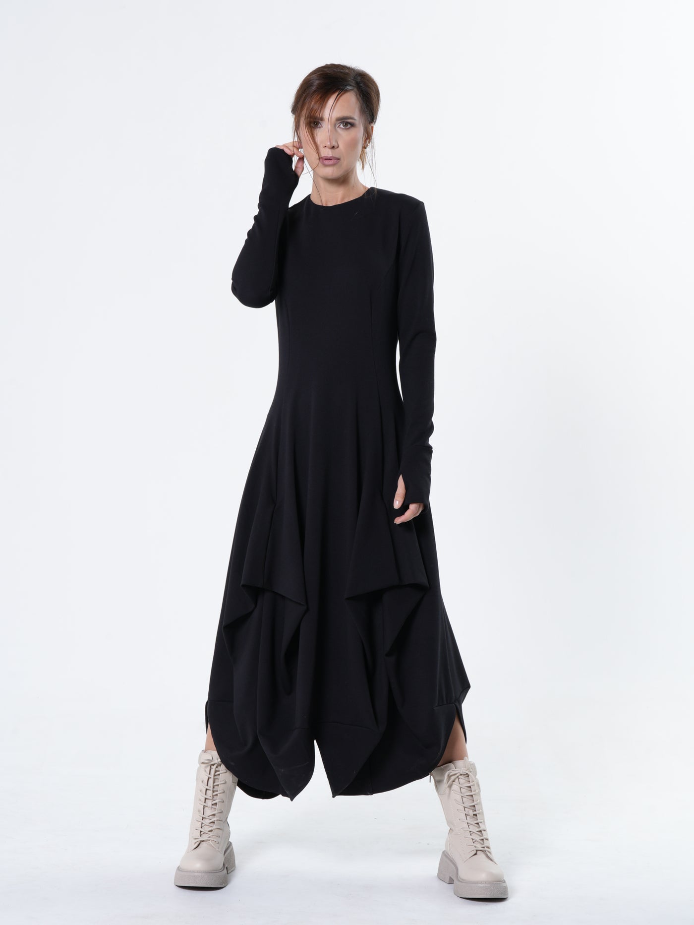 Maxi Draped Dress With Thumbhole Sleeves In Black