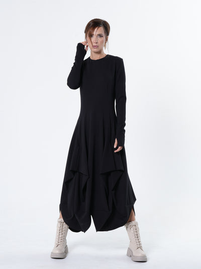 Maxi Draped Dress With Thumbhole Sleeves In Black