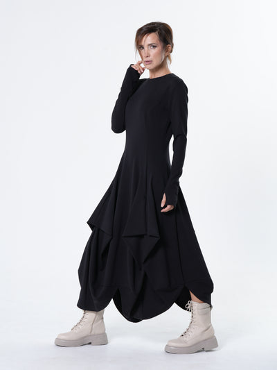 Maxi Draped Dress With Thumbhole Sleeves In Black