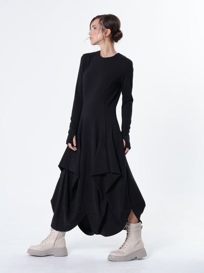Maxi Draped Dress With Thumbhole Sleeves In Black