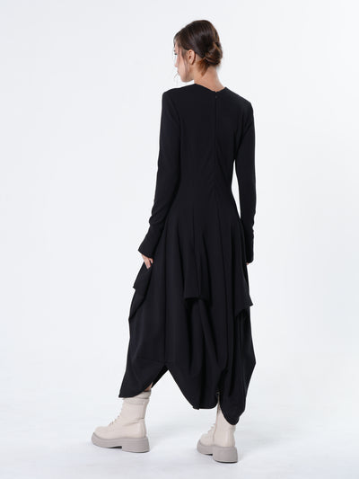 Maxi Draped Dress With Thumbhole Sleeves In Black