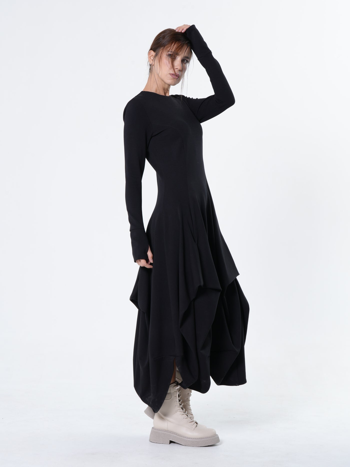 Maxi Draped Dress With Thumbhole Sleeves In Black