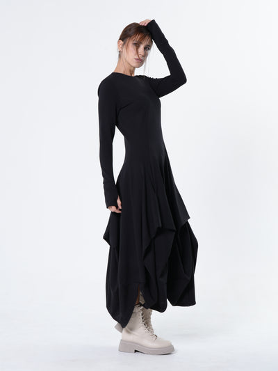 Maxi Draped Dress With Thumbhole Sleeves In Black