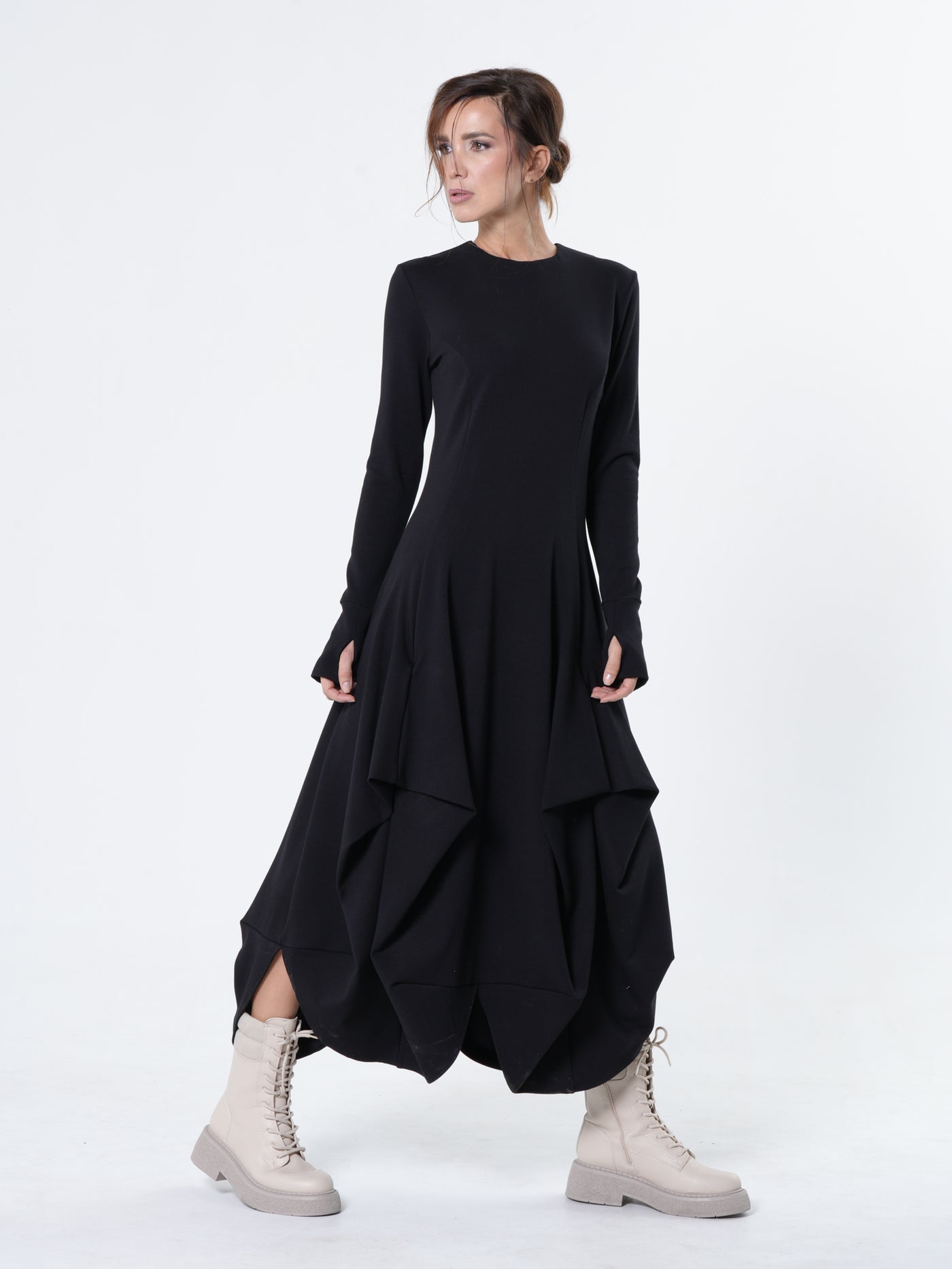 Maxi Draped Dress With Thumbhole Sleeves In Black