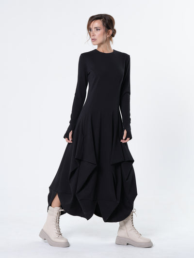 Maxi Draped Dress With Thumbhole Sleeves In Black