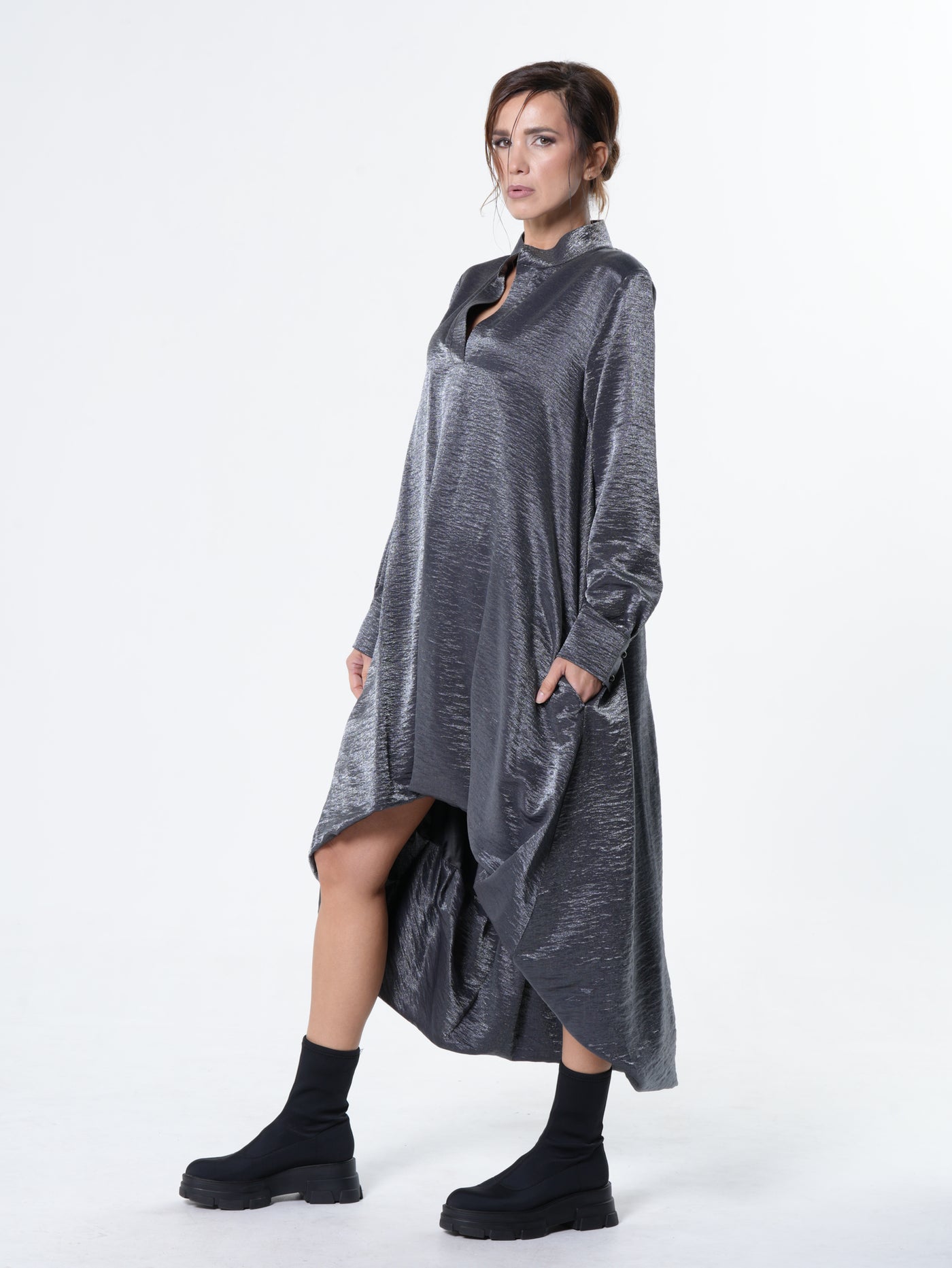 Shiny Metallic High-Low Dress