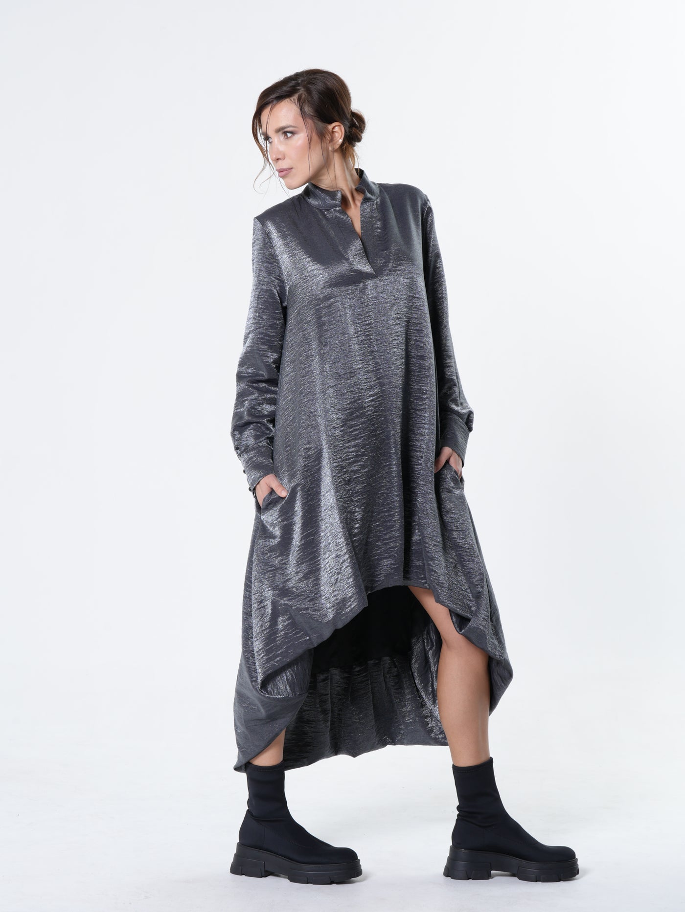 Shiny Metallic High-Low Dress