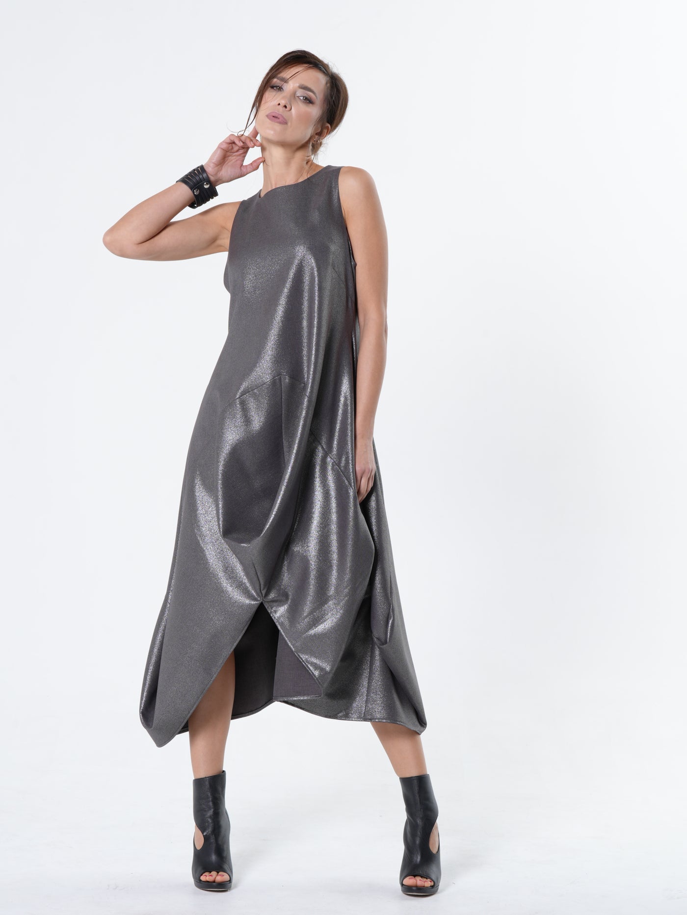 Silver Metallic Sleeveless Maxi Dress