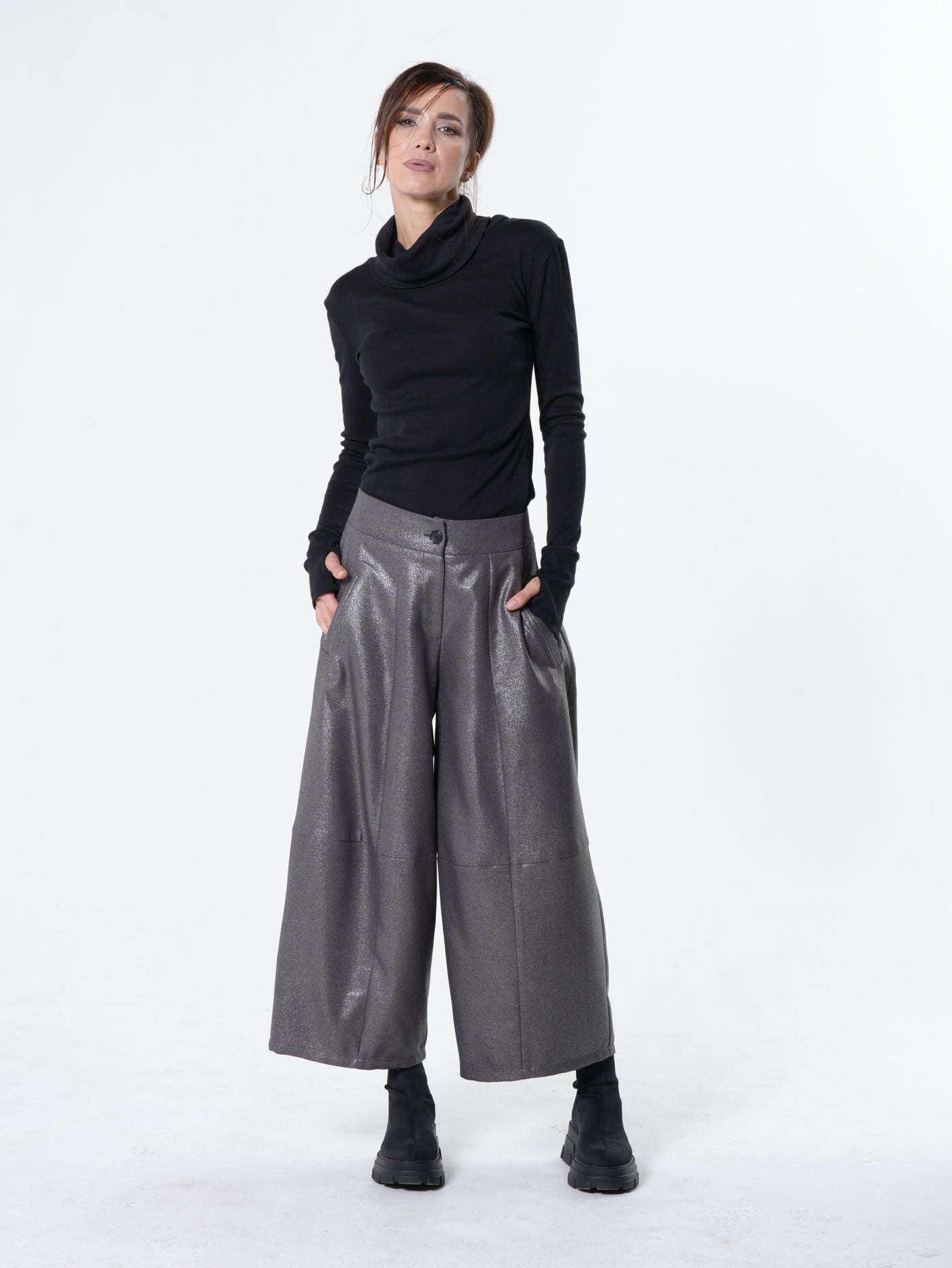 Silver Metallic Wide-Leg Pants