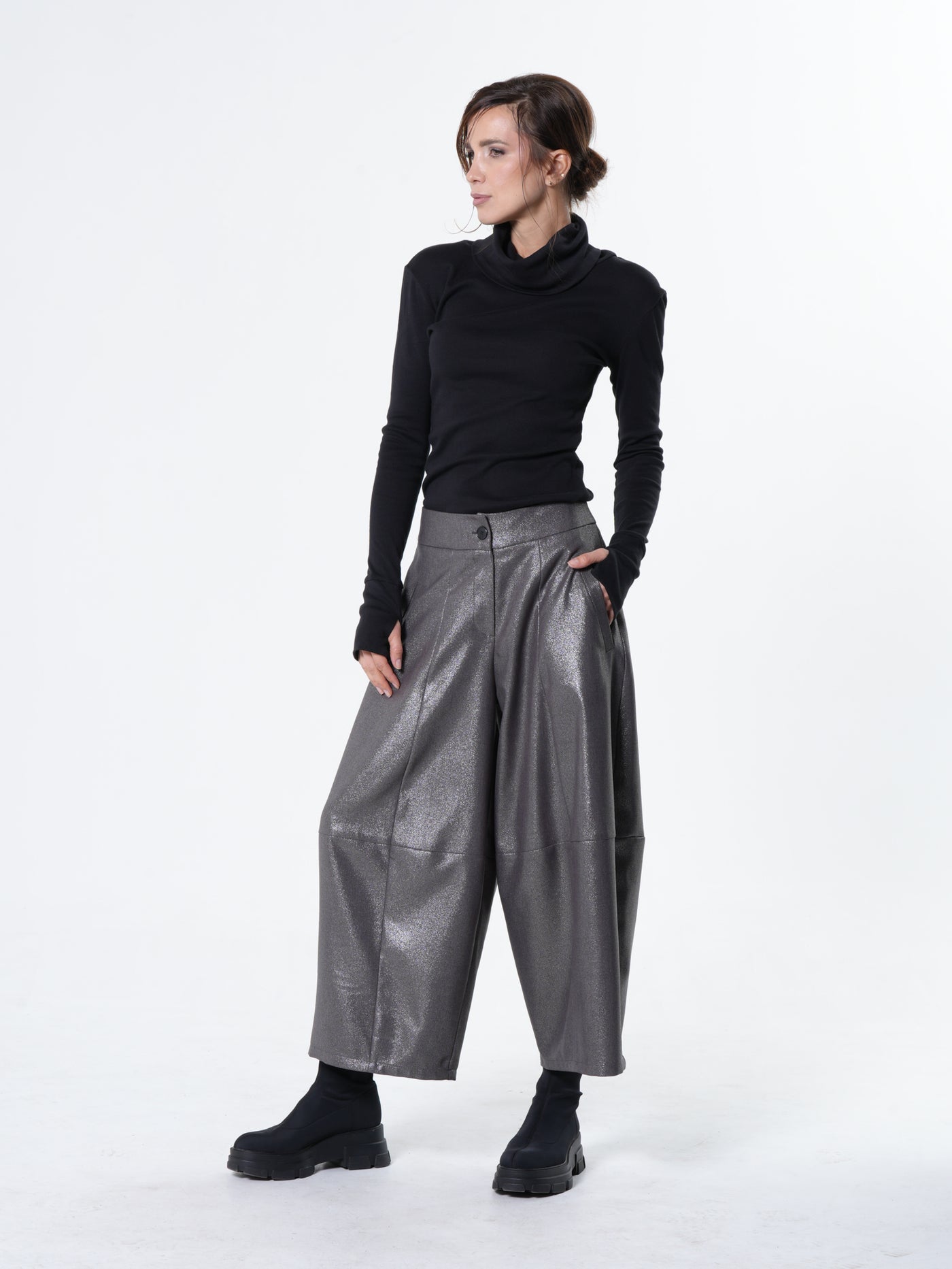 Silver Metallic Wide-Leg Pants