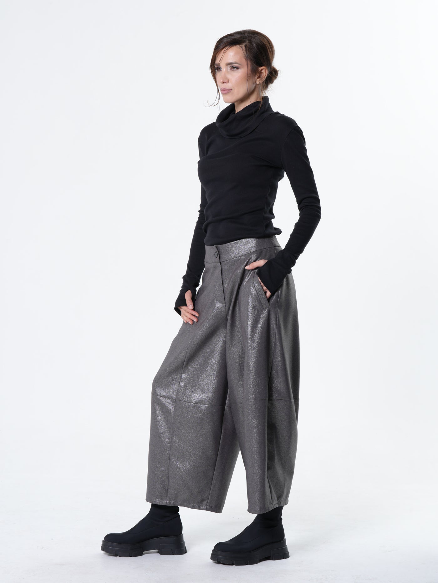 Silver Metallic Wide-Leg Pants