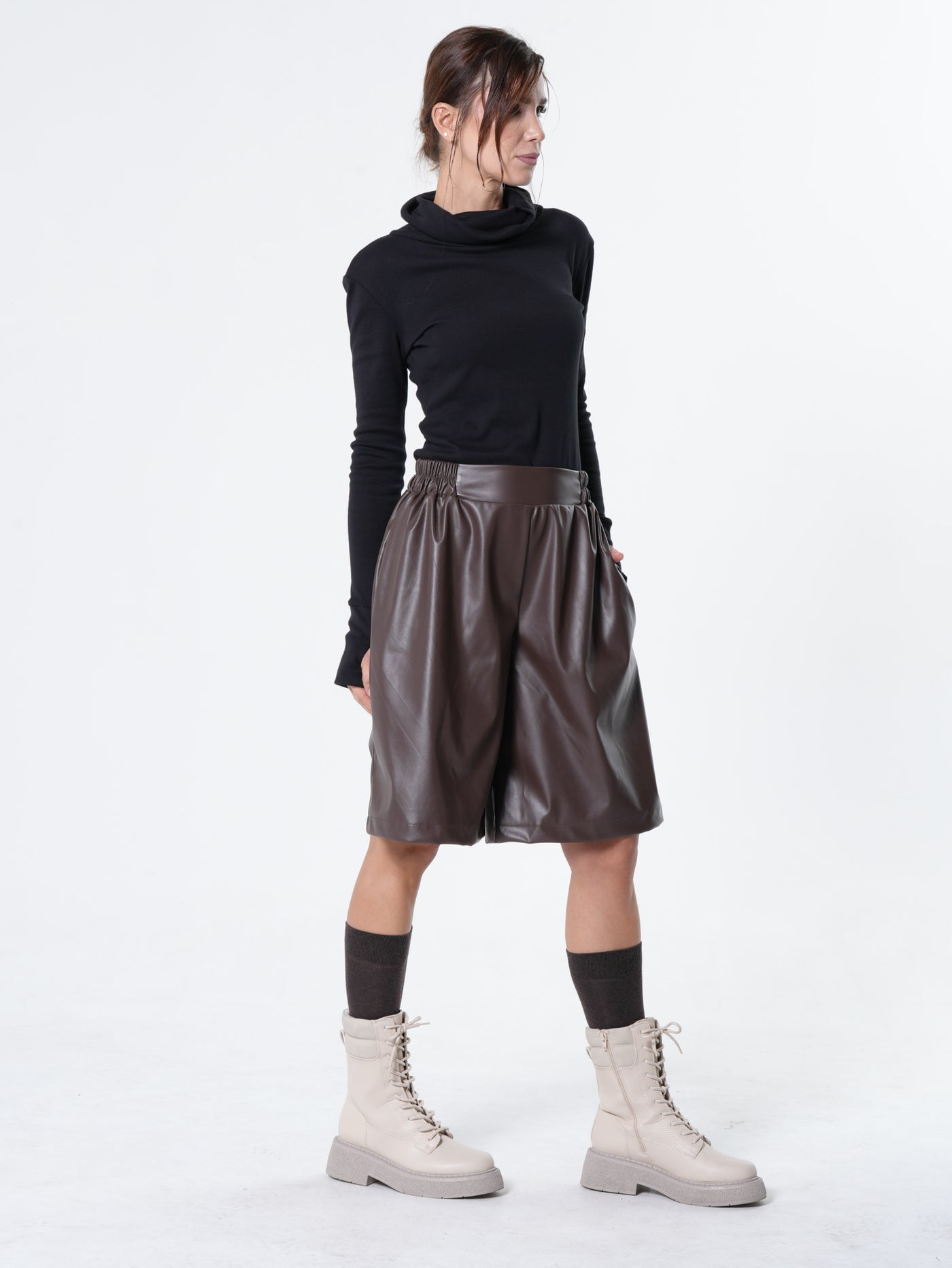 Vegan Leather Bermuda Shorts In Brown