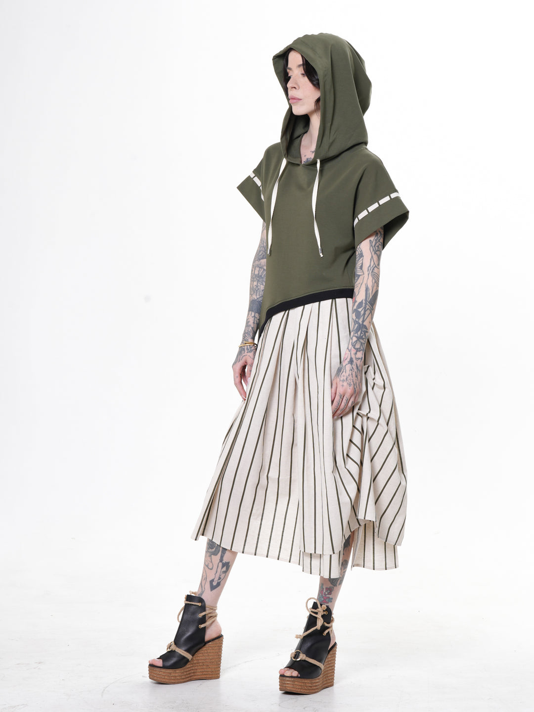 hooded asymmetrical dress Asymmetric with Striped Skirt in Khaki Size:Choose your size here A comfortable cotton piece The minimalist '90s midi color:Nude