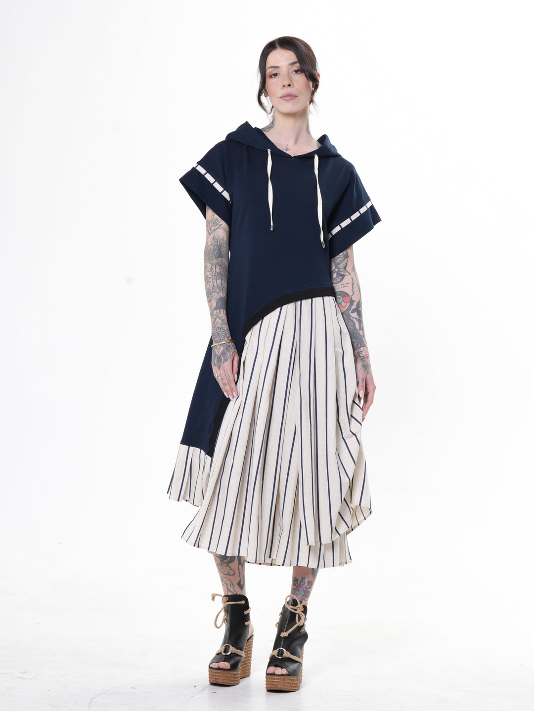 Hooded Asymmetric Dress with Striped Skirt in Blue Metamorphoza Hooded Asymmetric Dress with Striped Skirt in Blue Metamorphoza