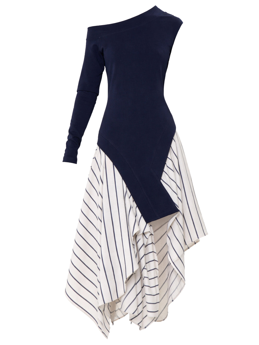 One-shoulder Long-sleeve Dress With Striped Skirt in Blue – Metamorphoza