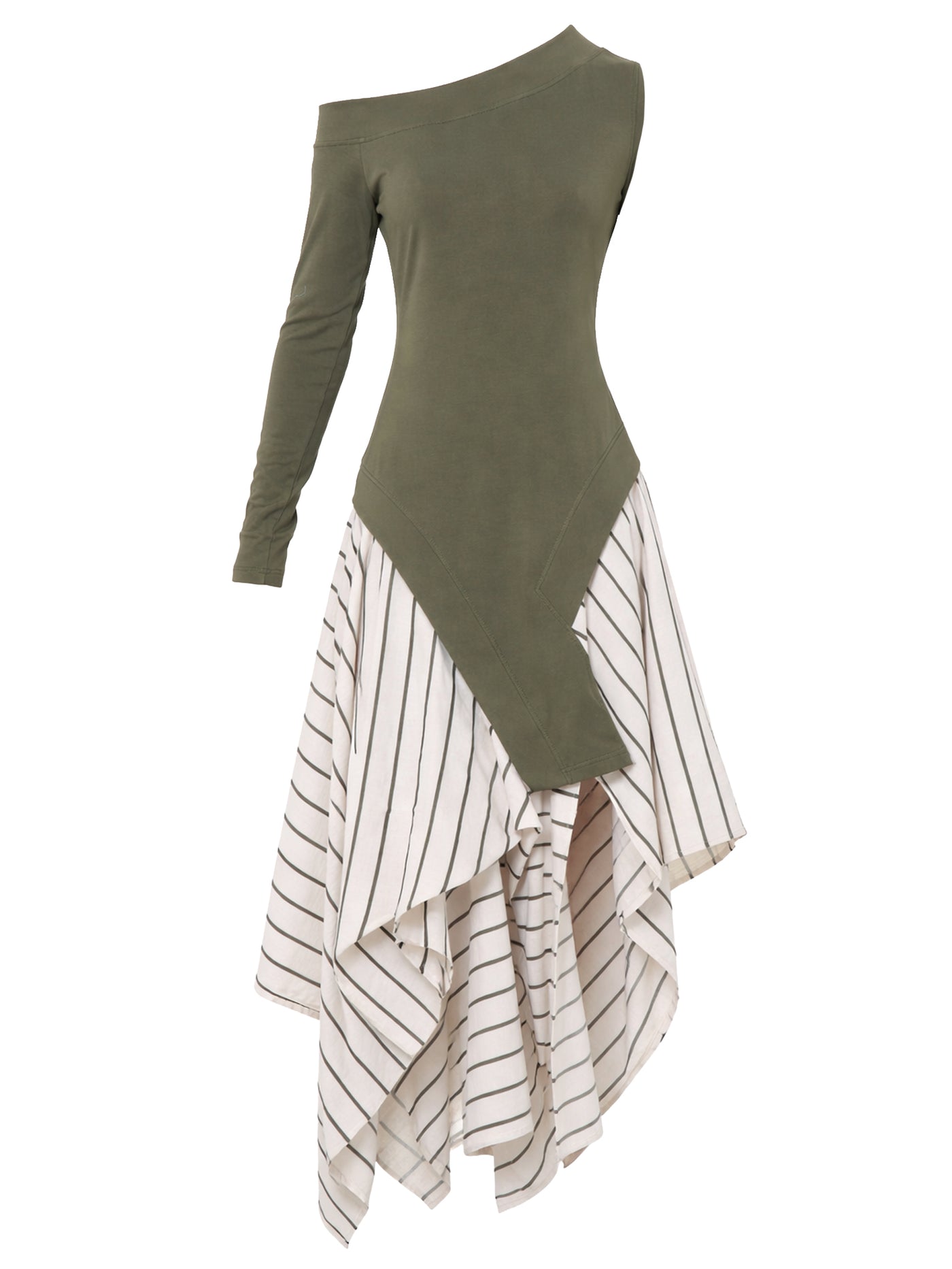 One-shoulder Long-sleeve Dress With Striped Skirt in Khaki