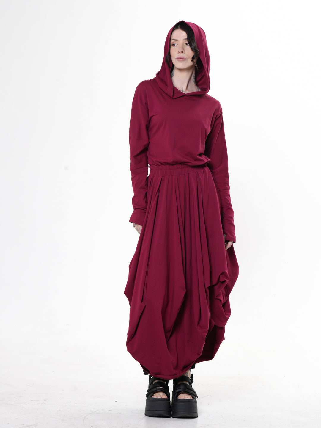 Hooded Midi Dress In Burgundy