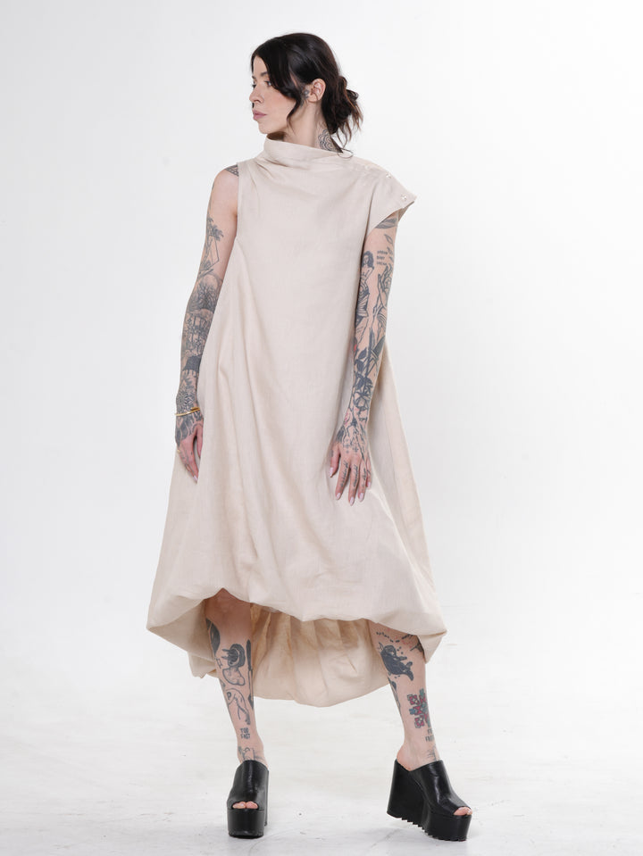 Asymmetric Linen Balloon Dress with High Neck In Beige