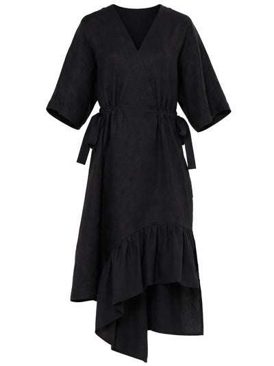 V-Neck Linen Midi Dress In Black – Metamorphoza